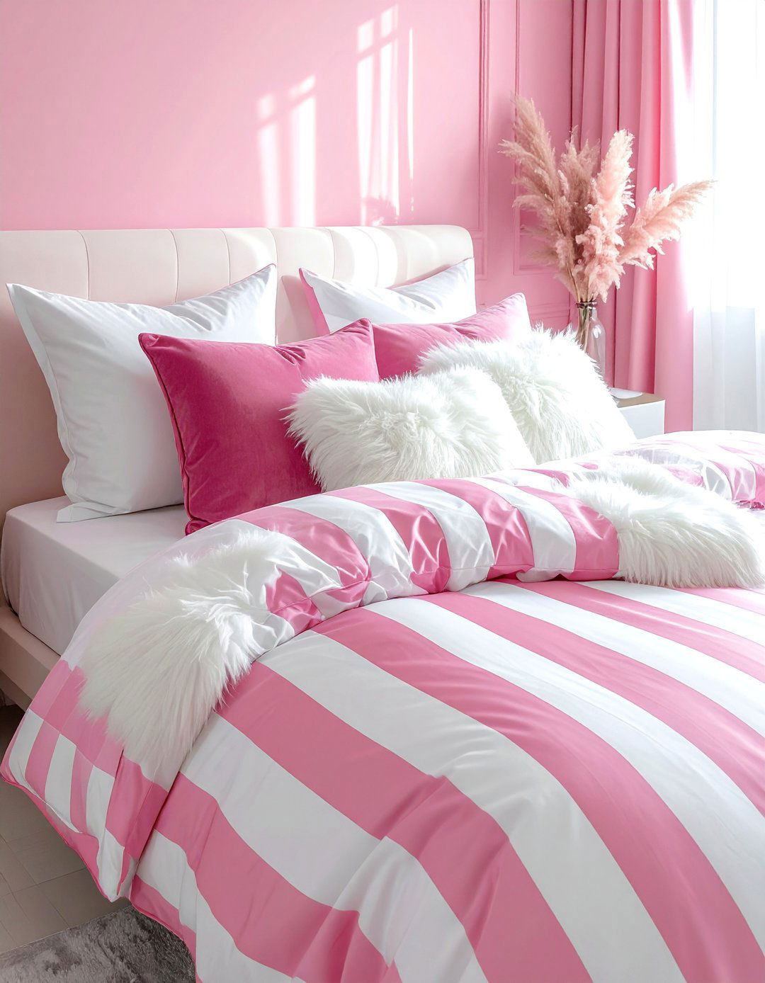 Pink and White Bedroom Featuring Striped Bedding - 25 Pink and White Bedroom Ideas for a Soft and Serene Space