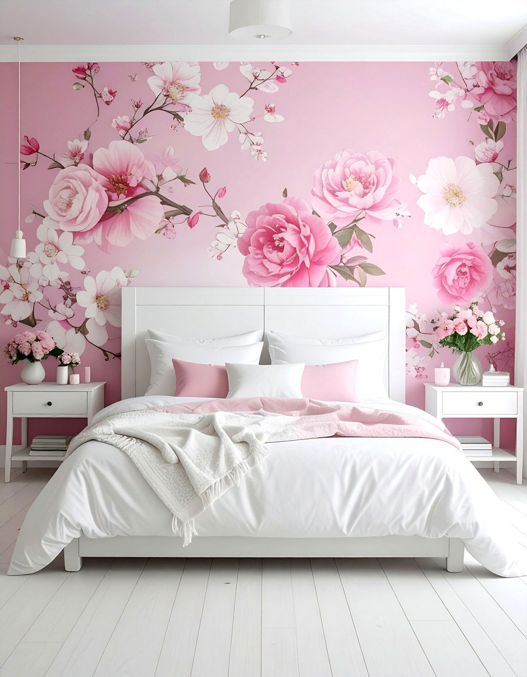 Pink and White Bedroom with Floral Wallpaper - 25 Pink and White Bedroom Ideas for a Soft and Serene Space