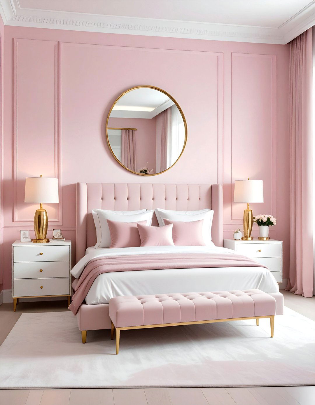 Pink and White Bedroom with Gold Accents - 25 Pink and White Bedroom Ideas for a Soft and Serene Space