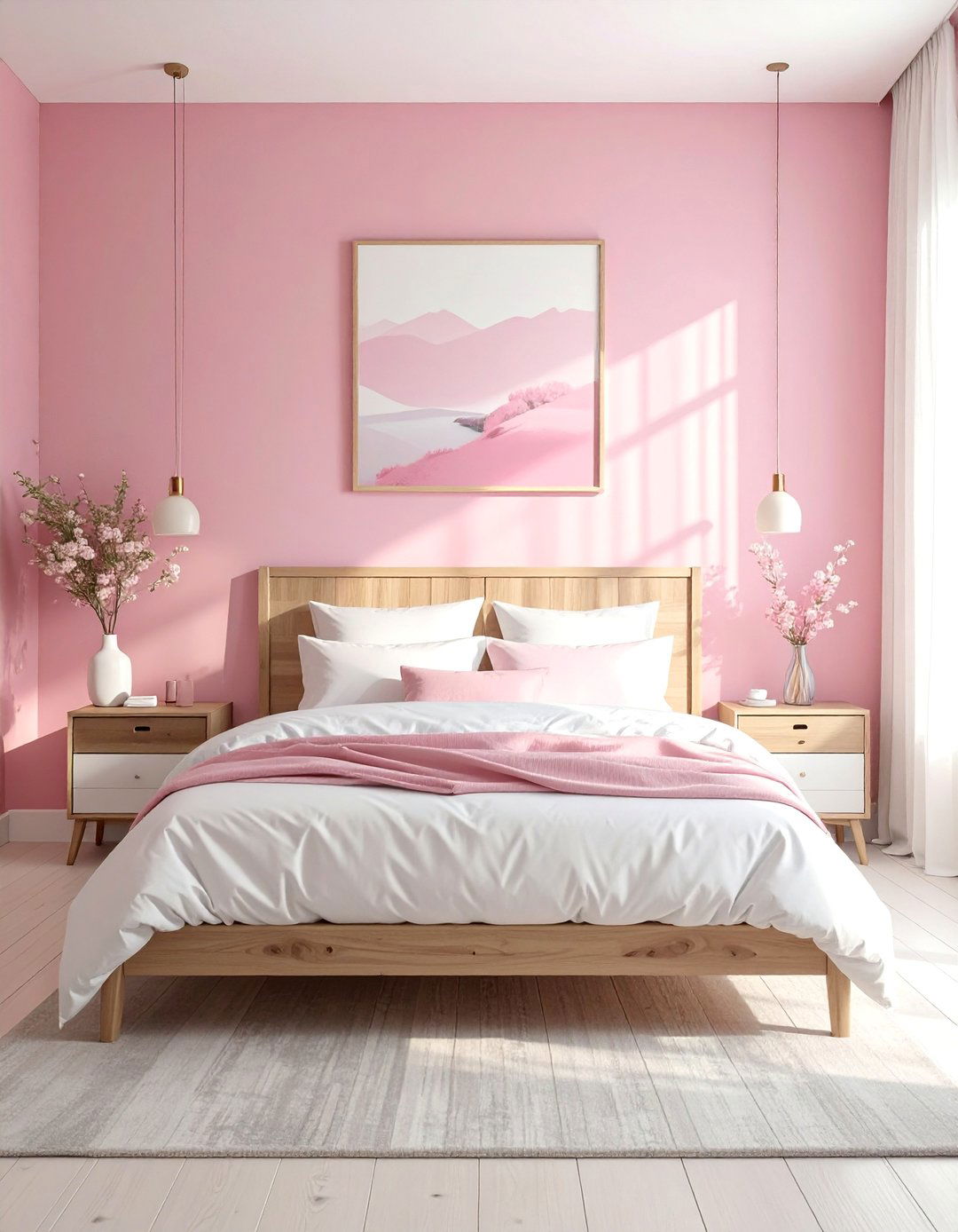 Pink and White Bedroom with Natural Wood Elements - 25 Pink and White Bedroom Ideas for a Soft and Serene Space