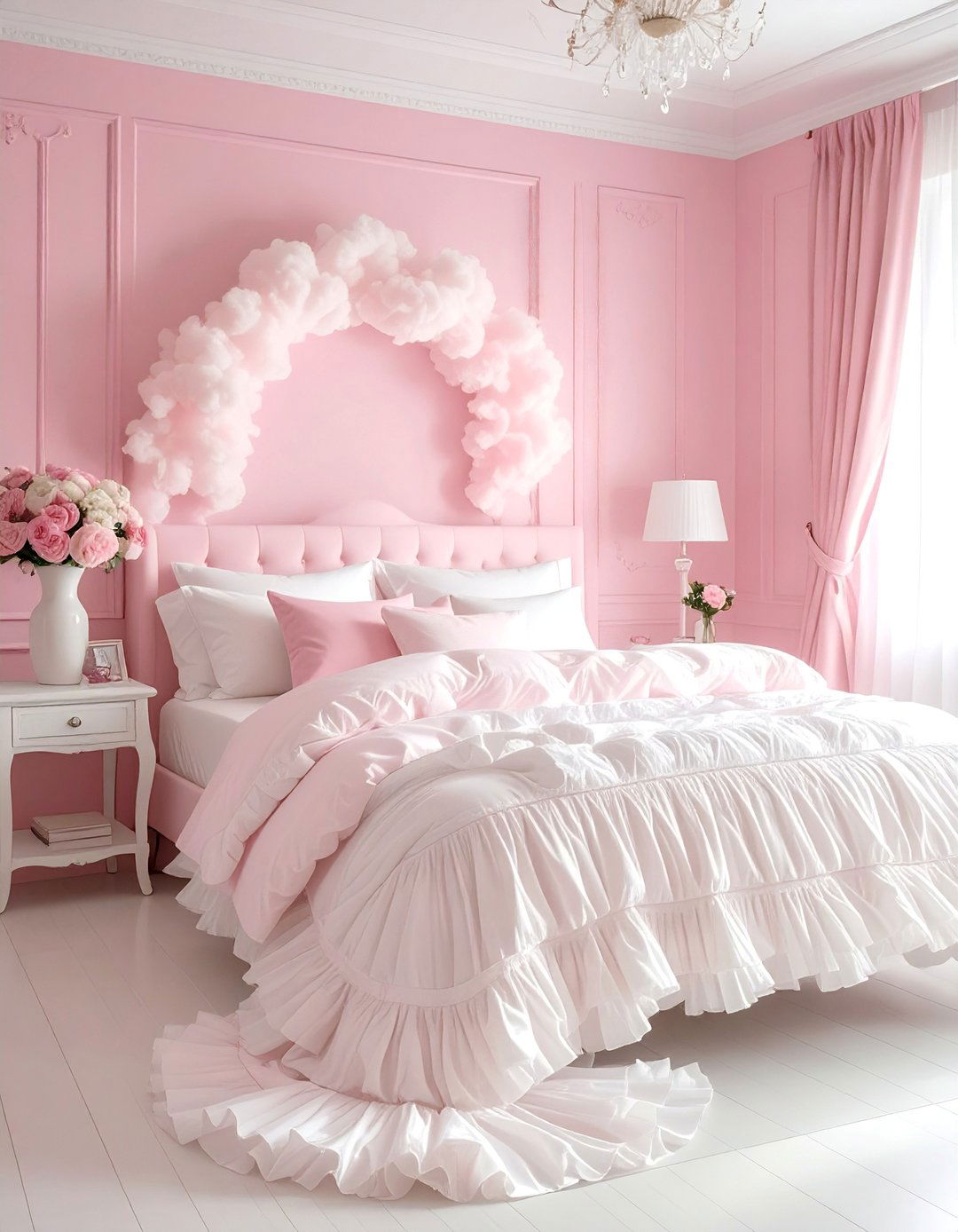 Pink and White Bedroom with Ruffled Bedding - 25 Pink and White Bedroom Ideas for a Soft and Serene Space