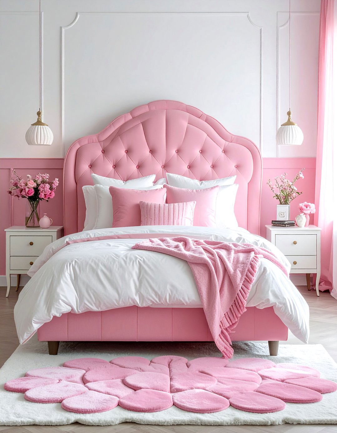 Pink and White Bedroom with Scalloped Details - 25 Pink and White Bedroom Ideas for a Soft and Serene Space