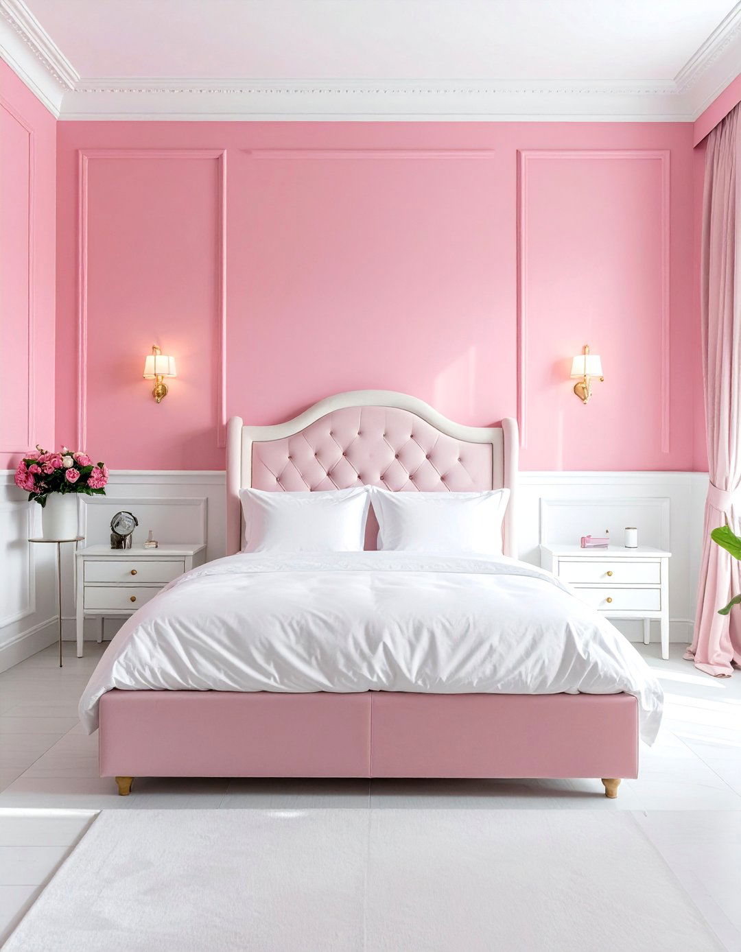 Pink and White Bedroom with Wainscoting - 25 Pink and White Bedroom Ideas for a Soft and Serene Space