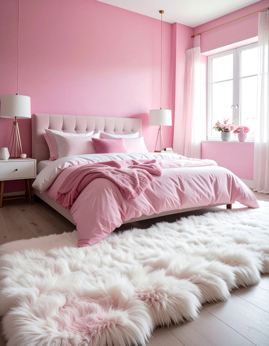 Pink and White Bedroom with a Faux Fur Rug - 25 Pink and White Bedroom Ideas for a Soft and Serene Space
