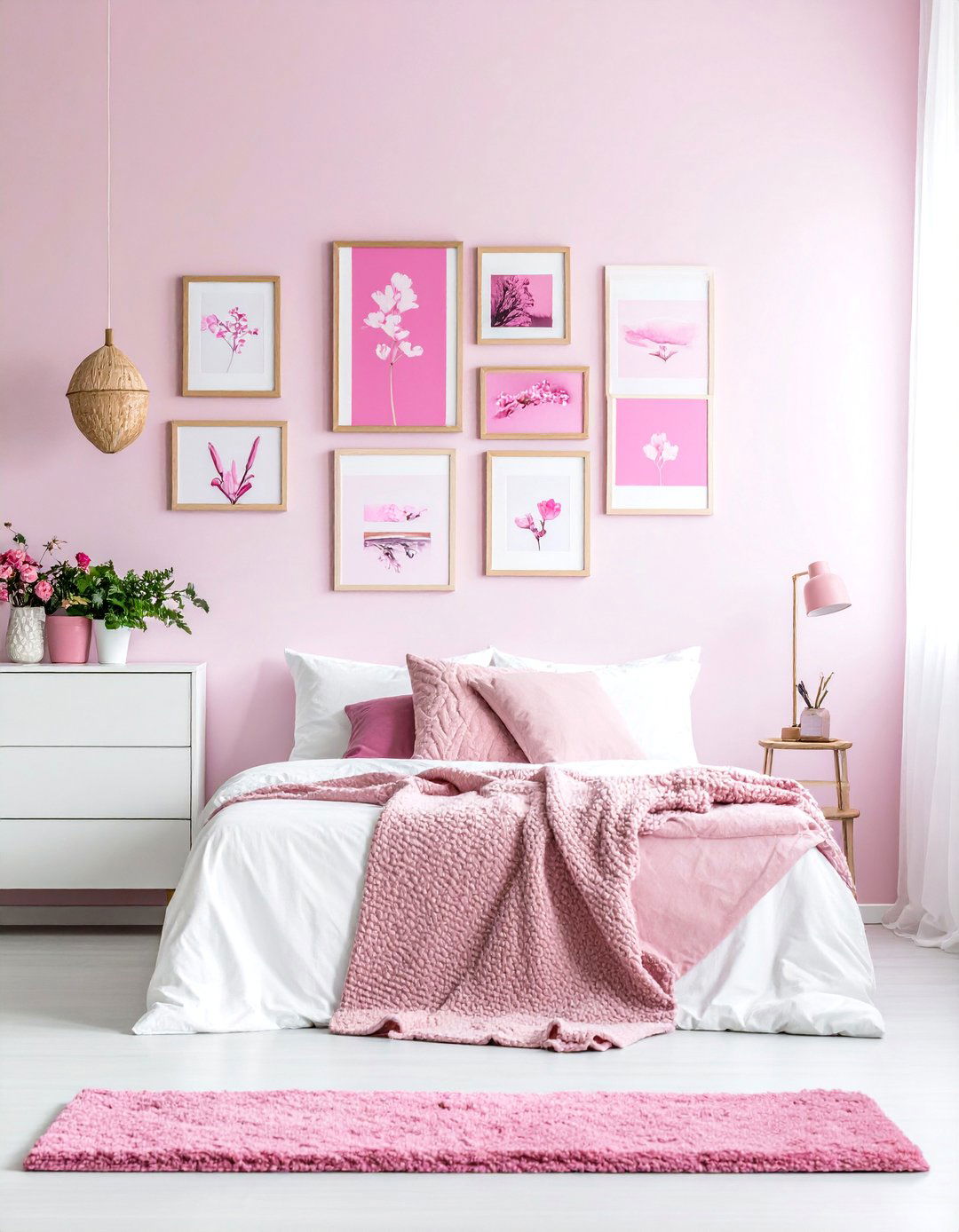 Pink and White Bedroom with a Gallery Wall - 25 Pink and White Bedroom Ideas for a Soft and Serene Space