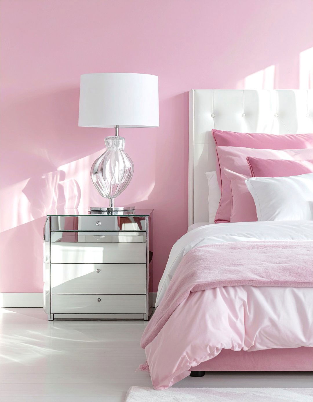 Pink and White Bedroom with a Mirrored Nightstand