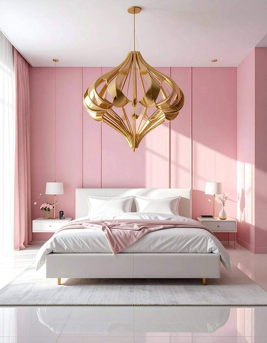 Pink and White Bedroom with a Statement Light Fixture - 25 Pink and White Bedroom Ideas for a Soft and Serene Space