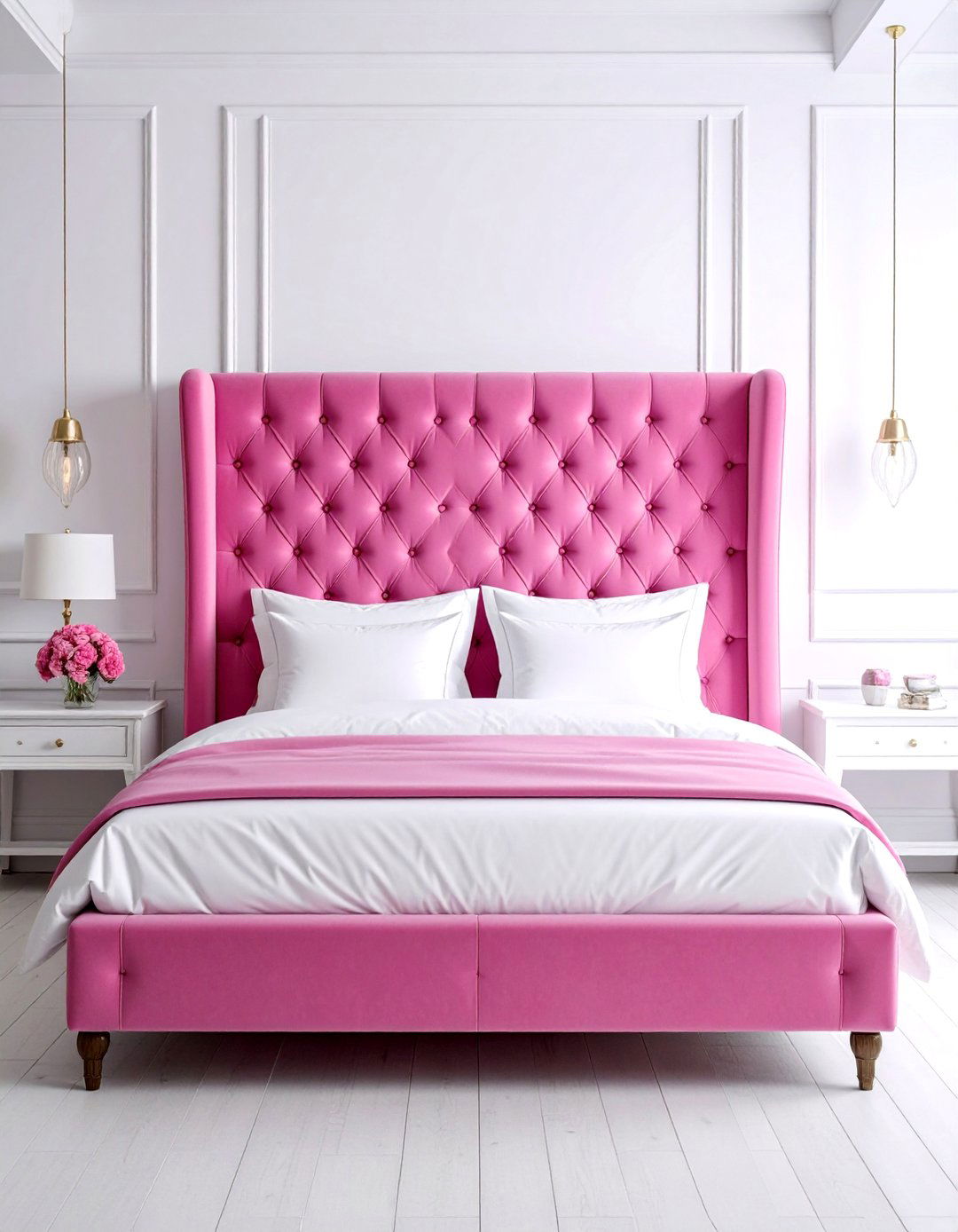 Pink and White Bedroom with a Velvet Headboard - 25 Pink and White Bedroom Ideas for a Soft and Serene Space