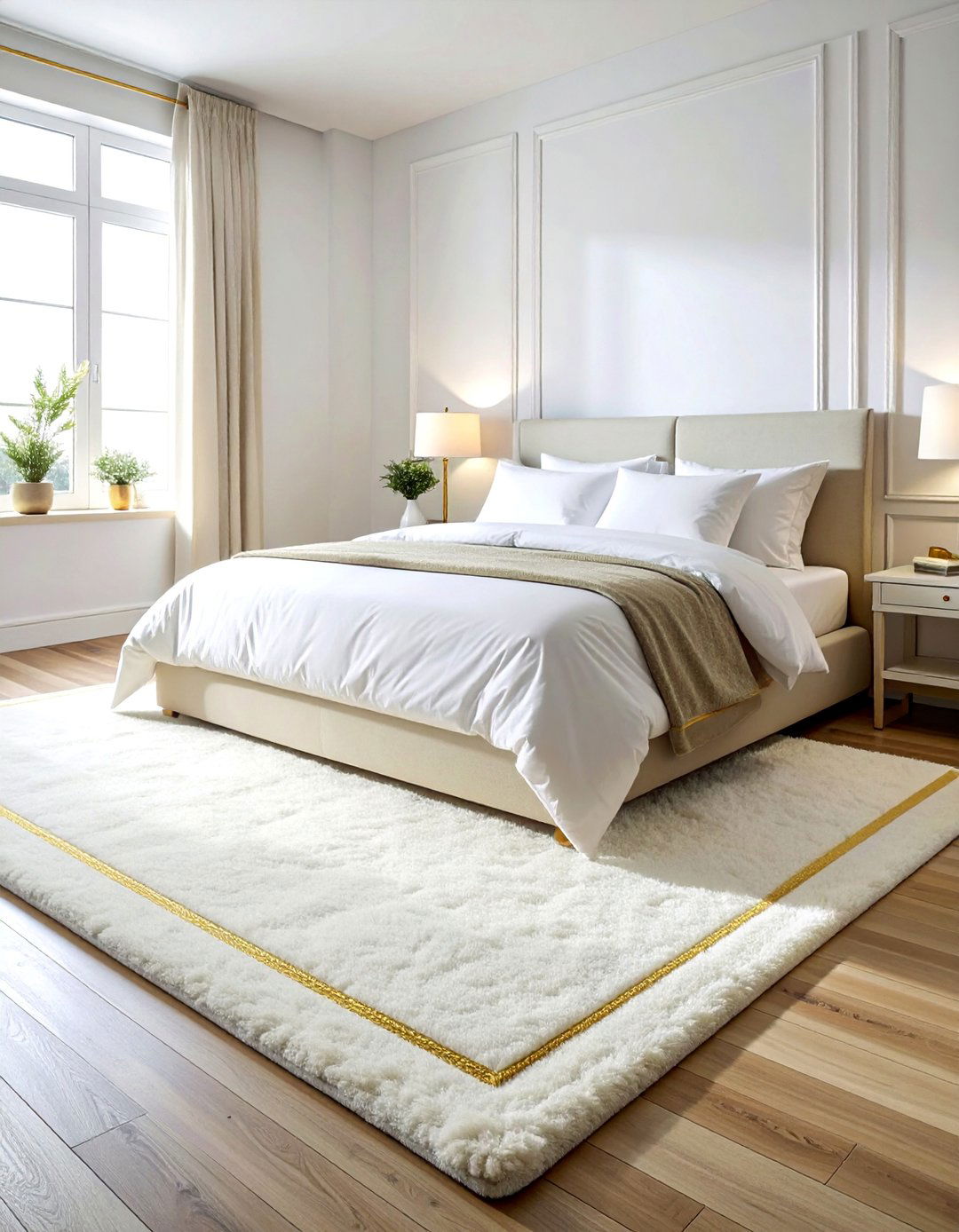Plush White Area Rug with a Gold Border - 25 White and Gold Bedroom Ideas for a Luxurious Look