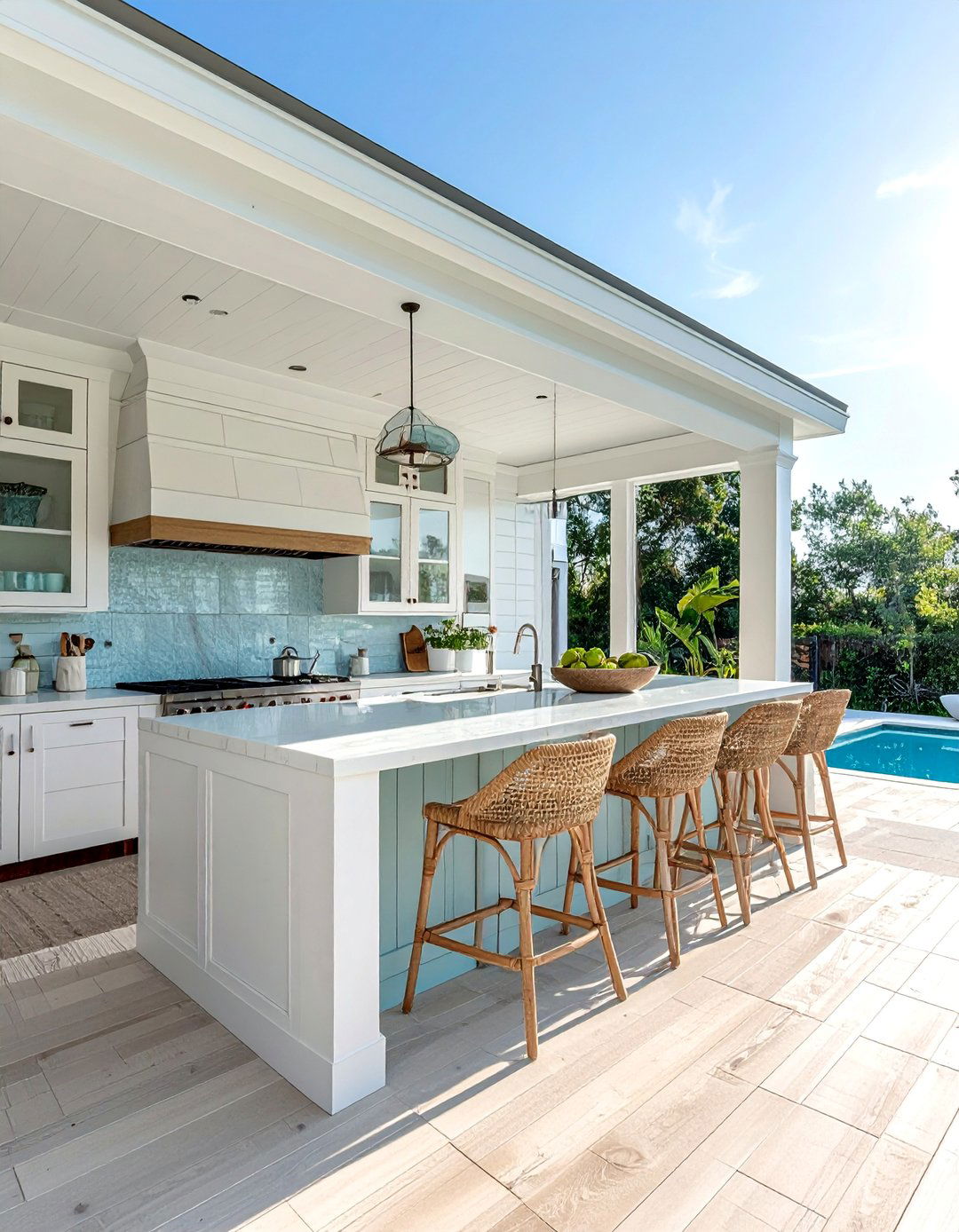 Pool House With a Coastal Inspired Kitchen - 20 Pool House With Outdoor Kitchen Ideas for Summer Fun
