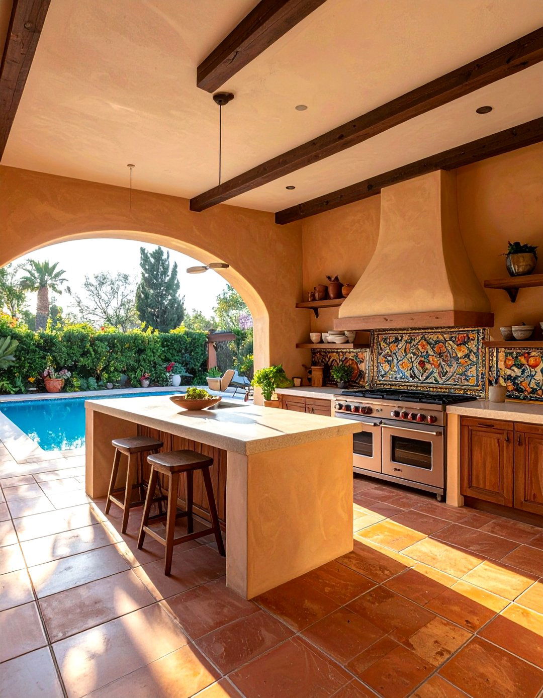Pool House With a Mediterranean Style Kitchen - 20 Pool House With Outdoor Kitchen Ideas for Summer Fun