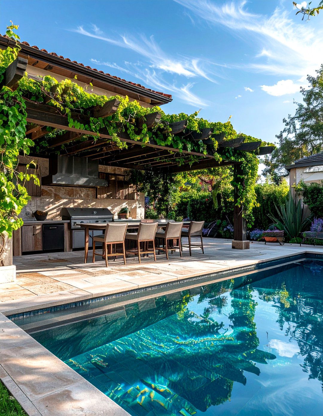 Pool House With a Pergola Covered Kitchen - 20 Pool House With Outdoor Kitchen Ideas for Summer Fun