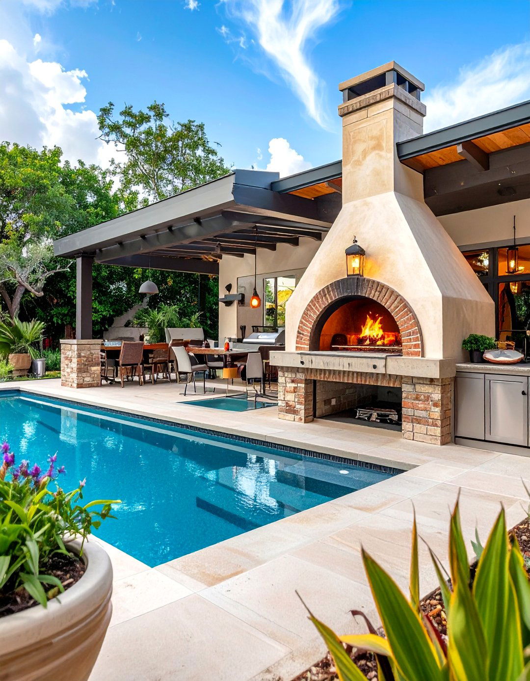 Pool House With a Pizza Oven Feature - 20 Pool House With Outdoor Kitchen Ideas for Summer Fun