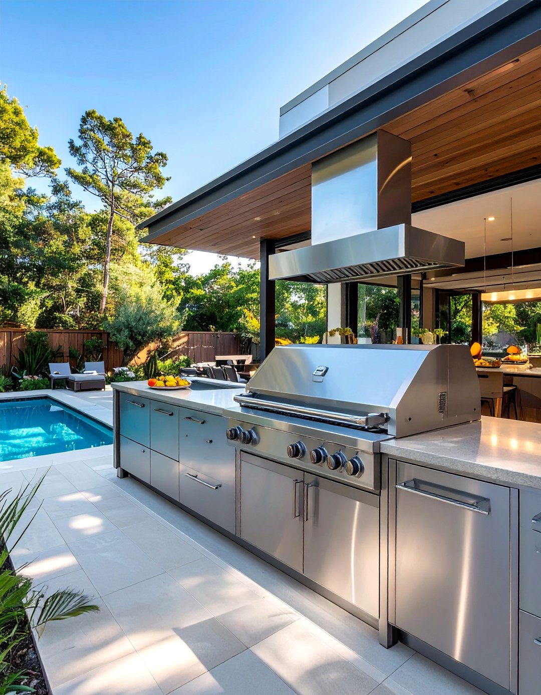 Pool House With a Sleek Stainless Steel Kitchen - 20 Pool House With Outdoor Kitchen Ideas for Summer Fun