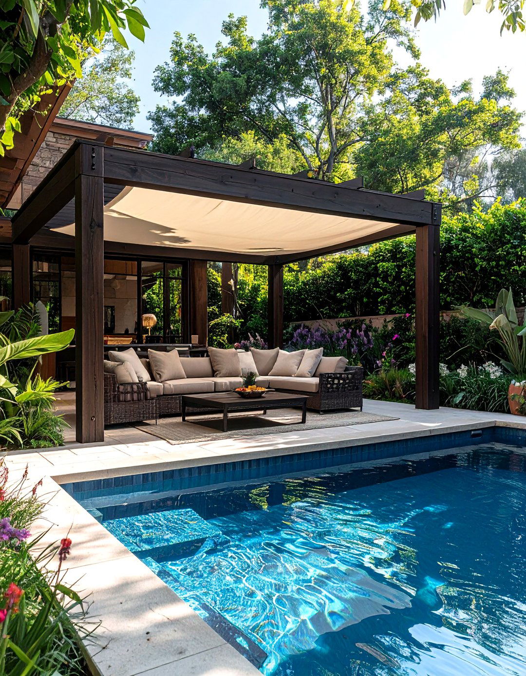 Poolside Pergola with Retractable Canopy - 20 Pool Decor Ideas for a Refreshing Outdoor Oasis