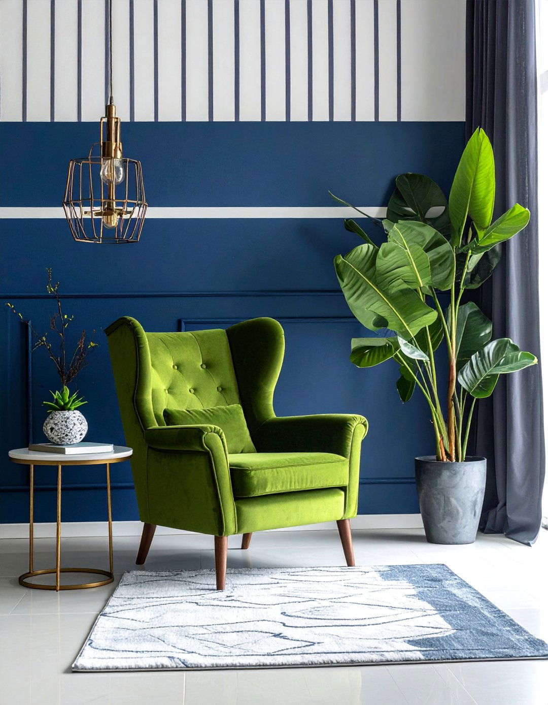 Preppy Living Room with Kelly Green and Navy Stripes - 20 Blue and Green Living Room Ideas for a Fresh Look