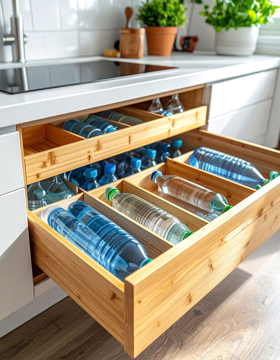Pull Out Drawer Organization System - 15 Water Bottle Storage Ideas for Organized Spaces