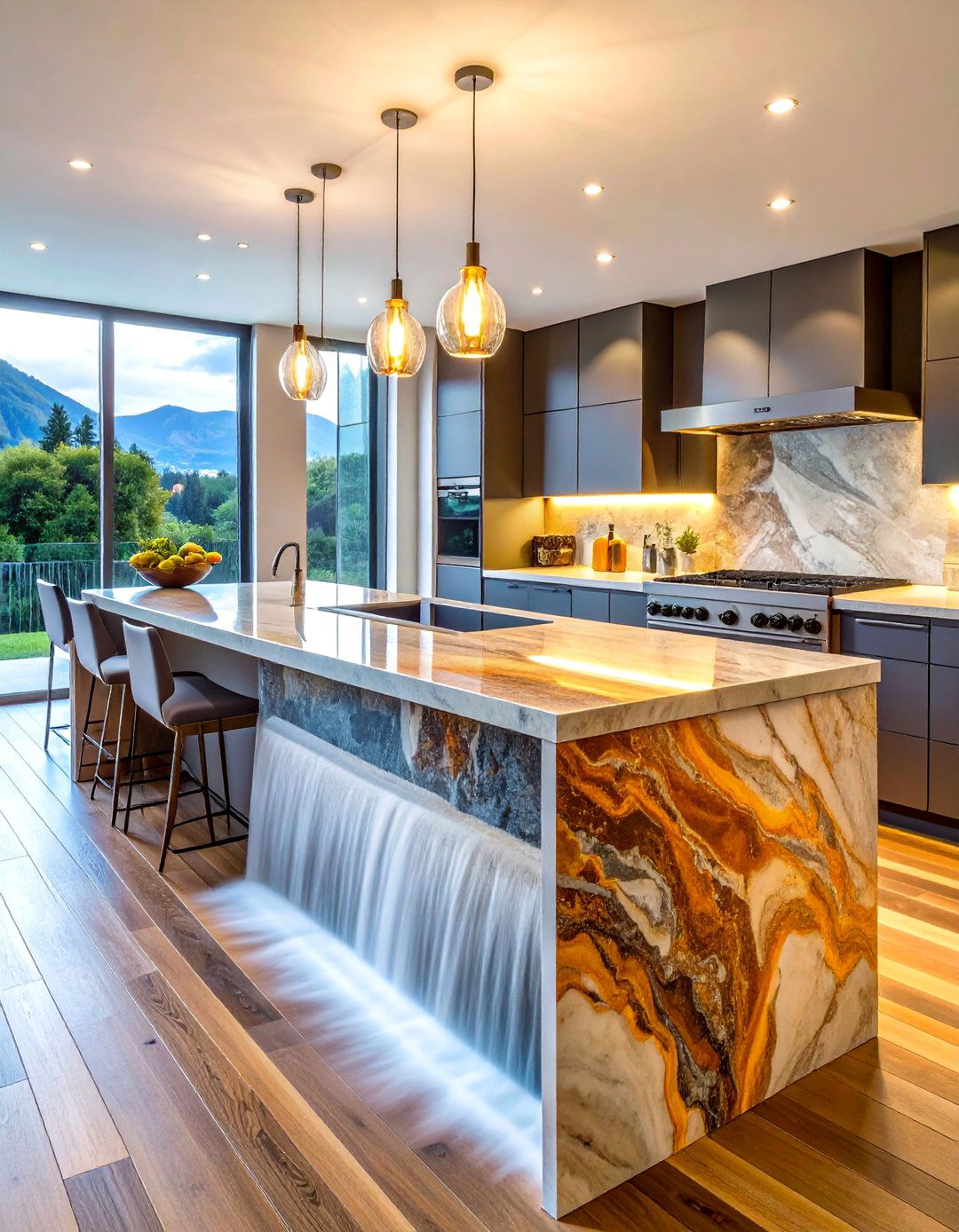 Quartz Waterfall Countertops - 40 Modern Kitchen Ideas for a Sleek and Functional Space