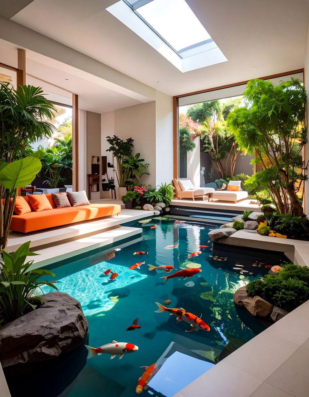 Raised Platform Koi Pond with Seating - 20 Indoor Koi Pond Ideas for a Tranquil Home Environment