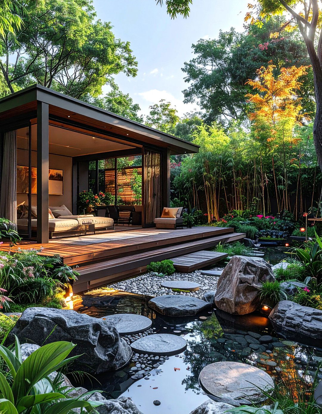 Reading Nook Deck with Meditation Garden Patio - 30 Deck and Patio Combination Ideas for Outdoor Living