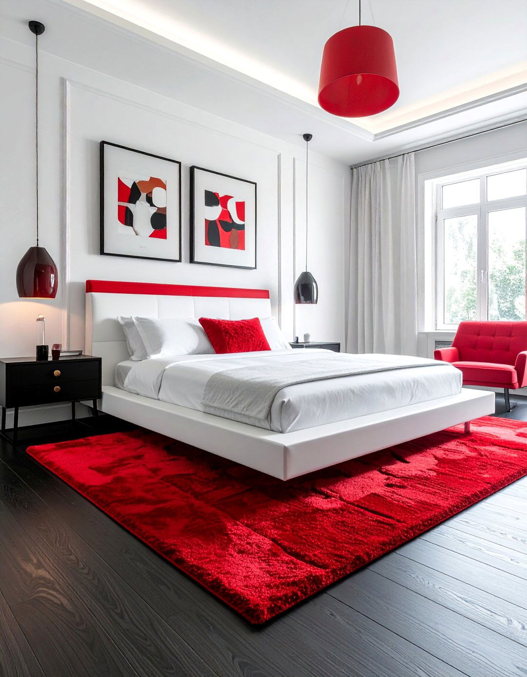 Red Area Rug on a Dark Floor - 25 Red, Black, and White Bedroom Ideas for Bold Style