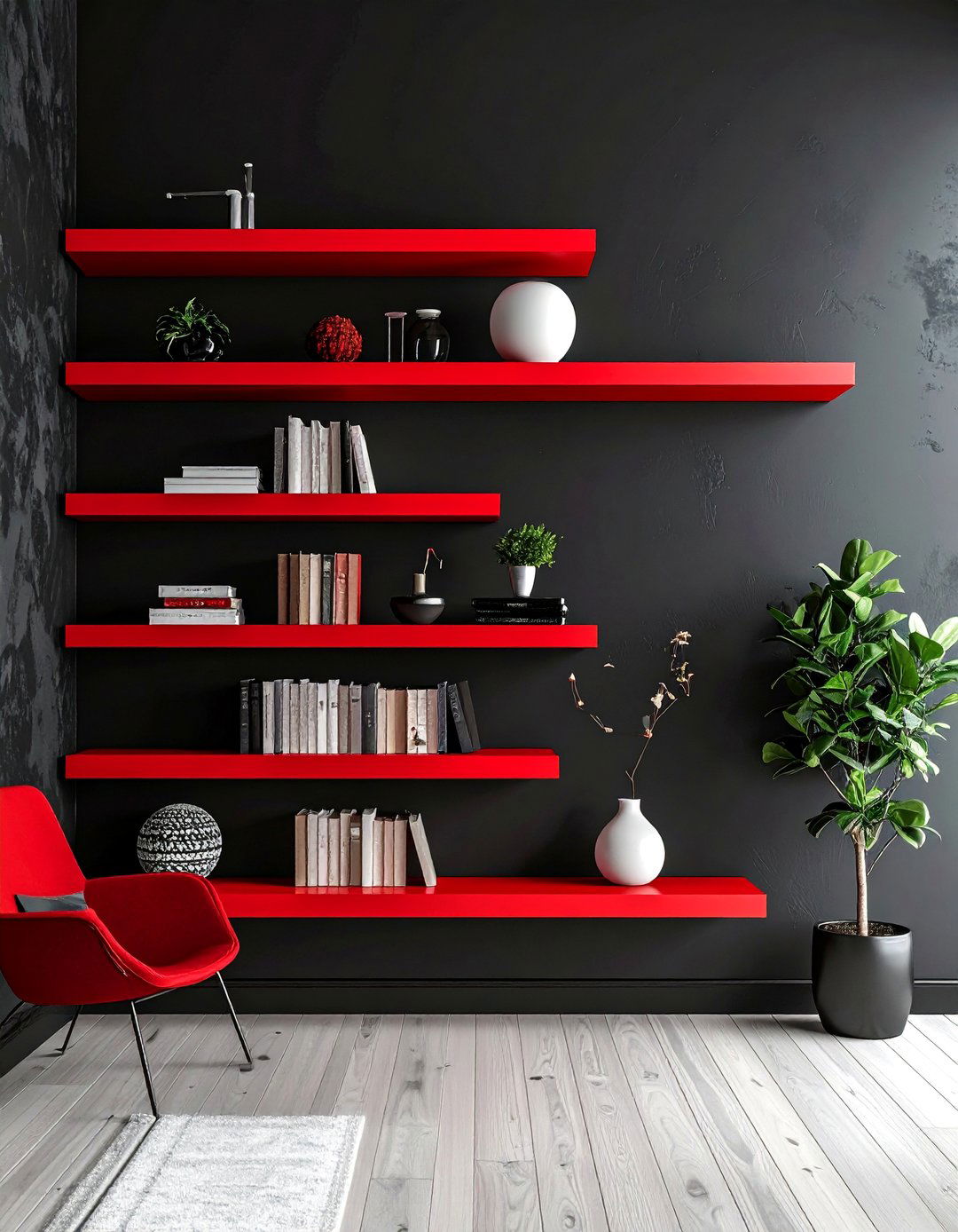 Red Bookshelves on a Black Accent Wall - 25 Black and Red Living Room Ideas for Bold Interiors