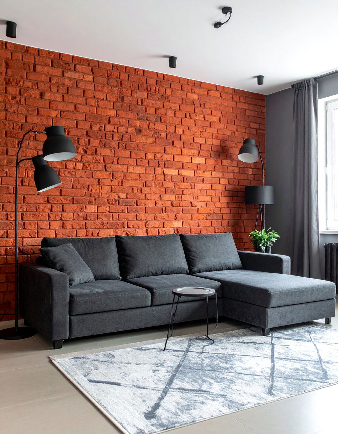 Red Brick Accent Wall with Grey Furniture - 25 Red and Grey Living Room Ideas for a Modern Look