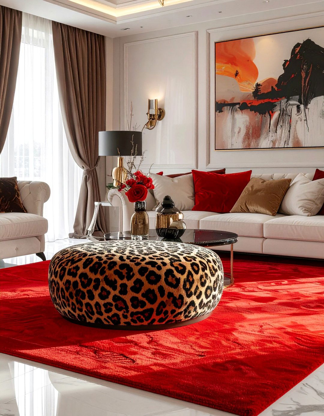 Red Carpet Living Room with Animal Print Details - 20 Red Carpet Living Room Ideas for a Luxurious Look