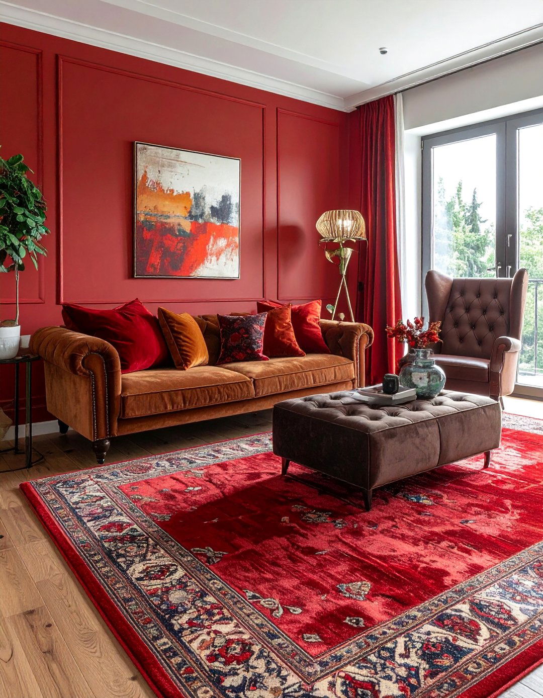 Red Carpet Living Room with Cohesive Textural Layers - 20 Red Carpet Living Room Ideas for a Luxurious Look