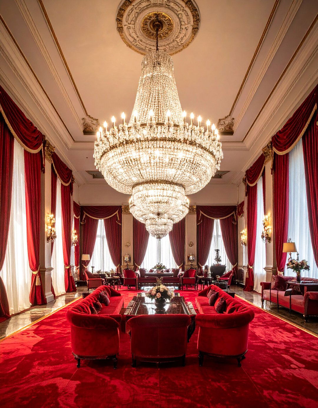 Red Carpet Living Room with Crystal Chandeliers