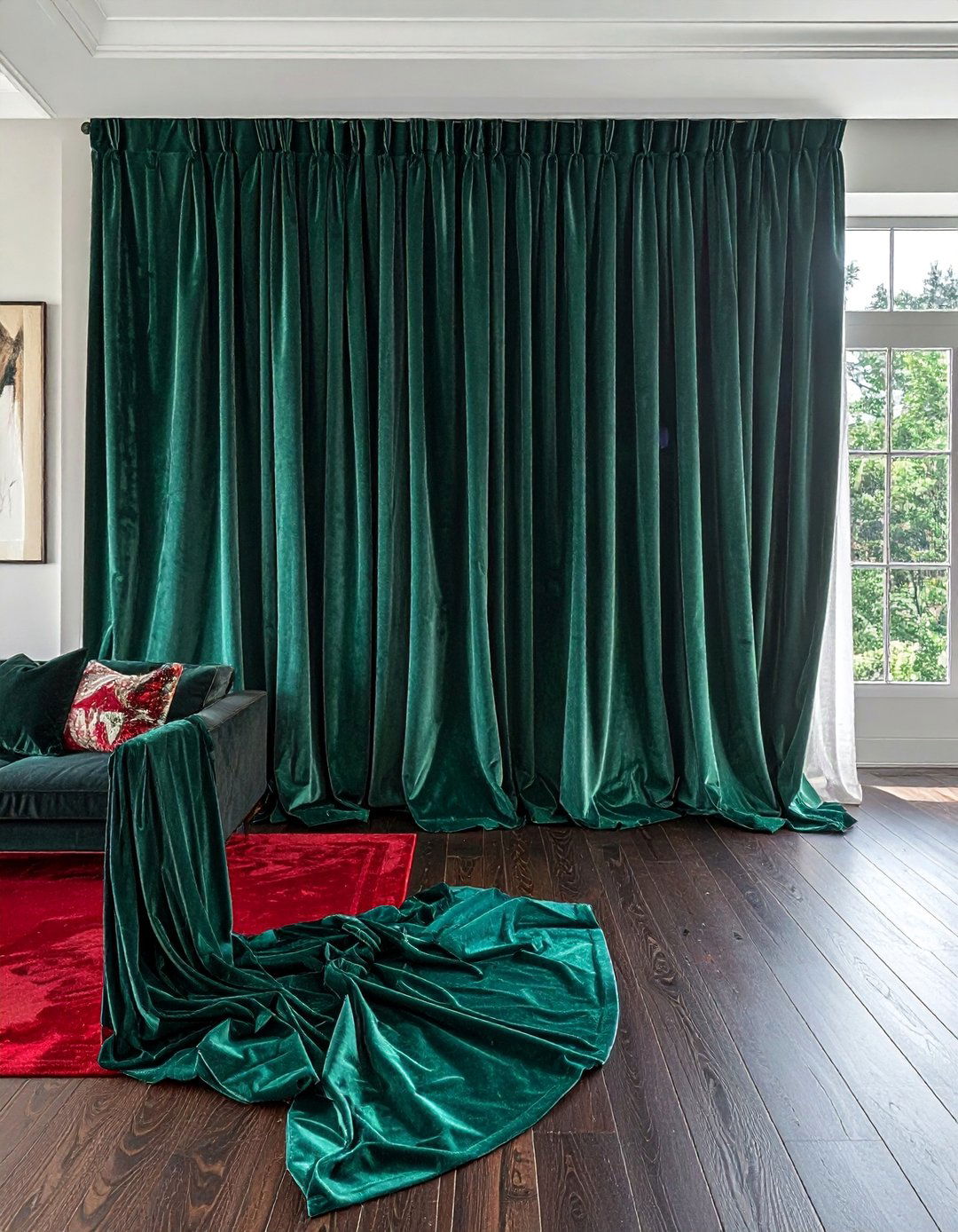 Red Carpet Living Room with Dramatic Drapery - 20 Red Carpet Living Room Ideas for a Luxurious Look