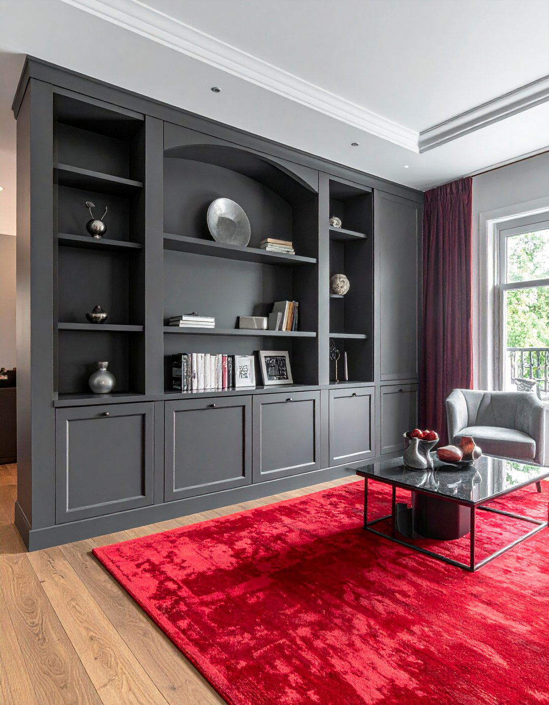 Red Carpet Living Room with Elegant Built Ins - 20 Red Carpet Living Room Ideas for a Luxurious Look