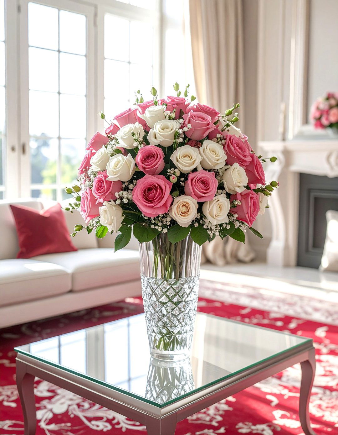 Red Carpet Living Room with Fresh Flower Arrangements - 20 Red Carpet Living Room Ideas for a Luxurious Look