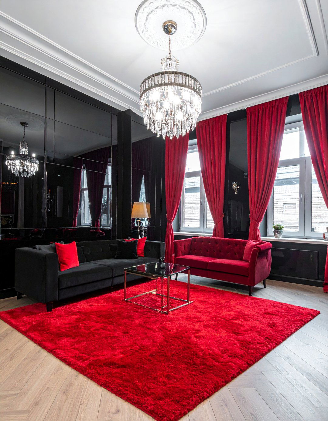 Red Carpet Living Room with High Gloss Finishes - 20 Red Carpet Living Room Ideas for a Luxurious Look