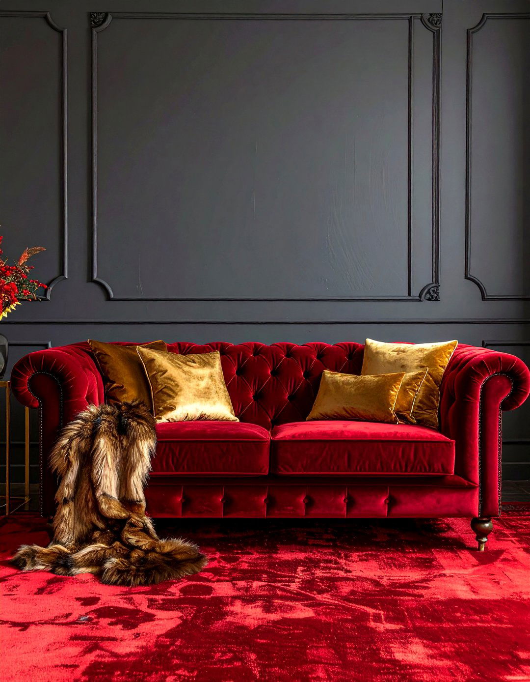 Red Carpet Living Room with Velvet Sofas - 20 Red Carpet Living Room Ideas for a Luxurious Look