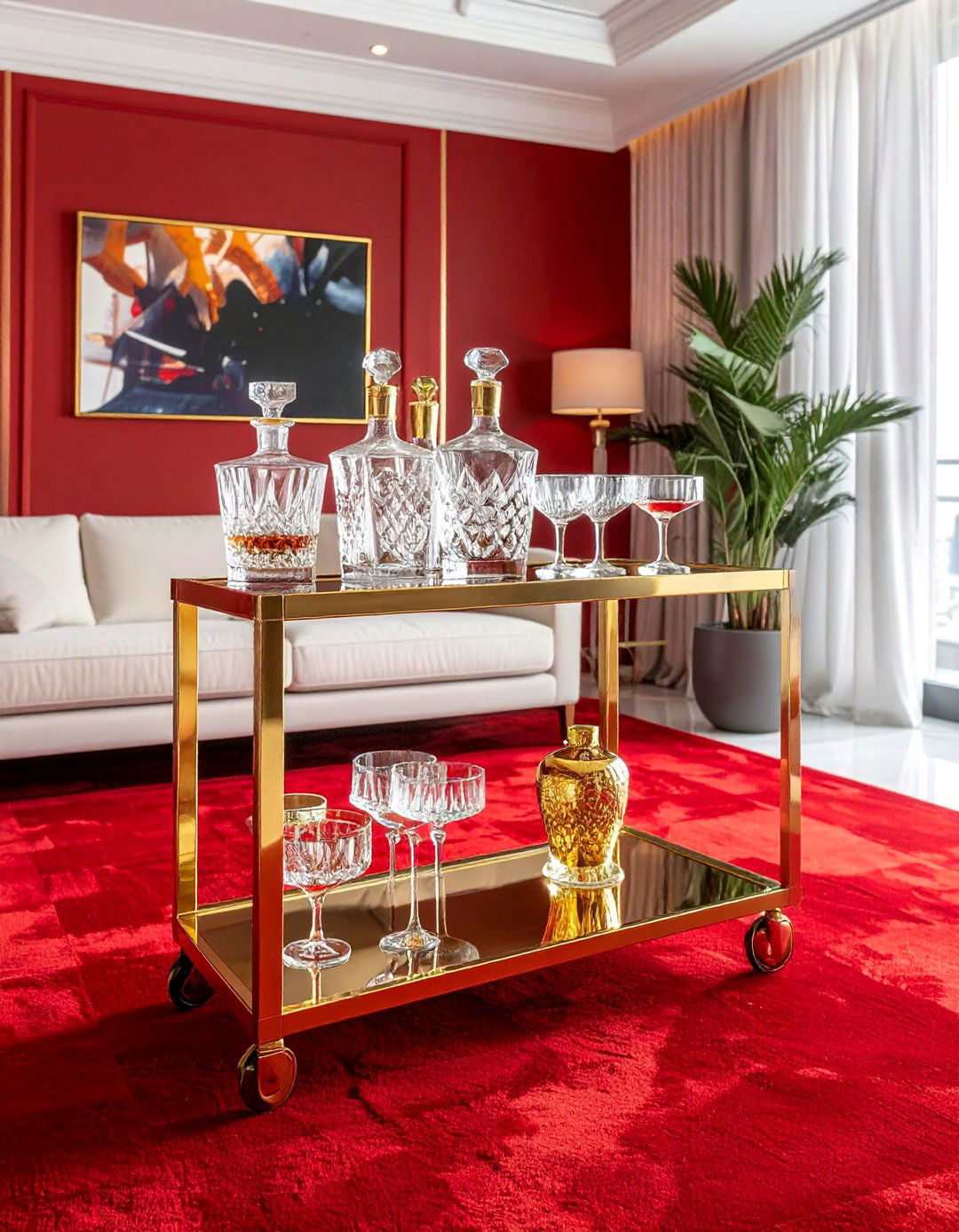 Red Carpet Living Room with a Bar Cart - 20 Red Carpet Living Room Ideas for a Luxurious Look