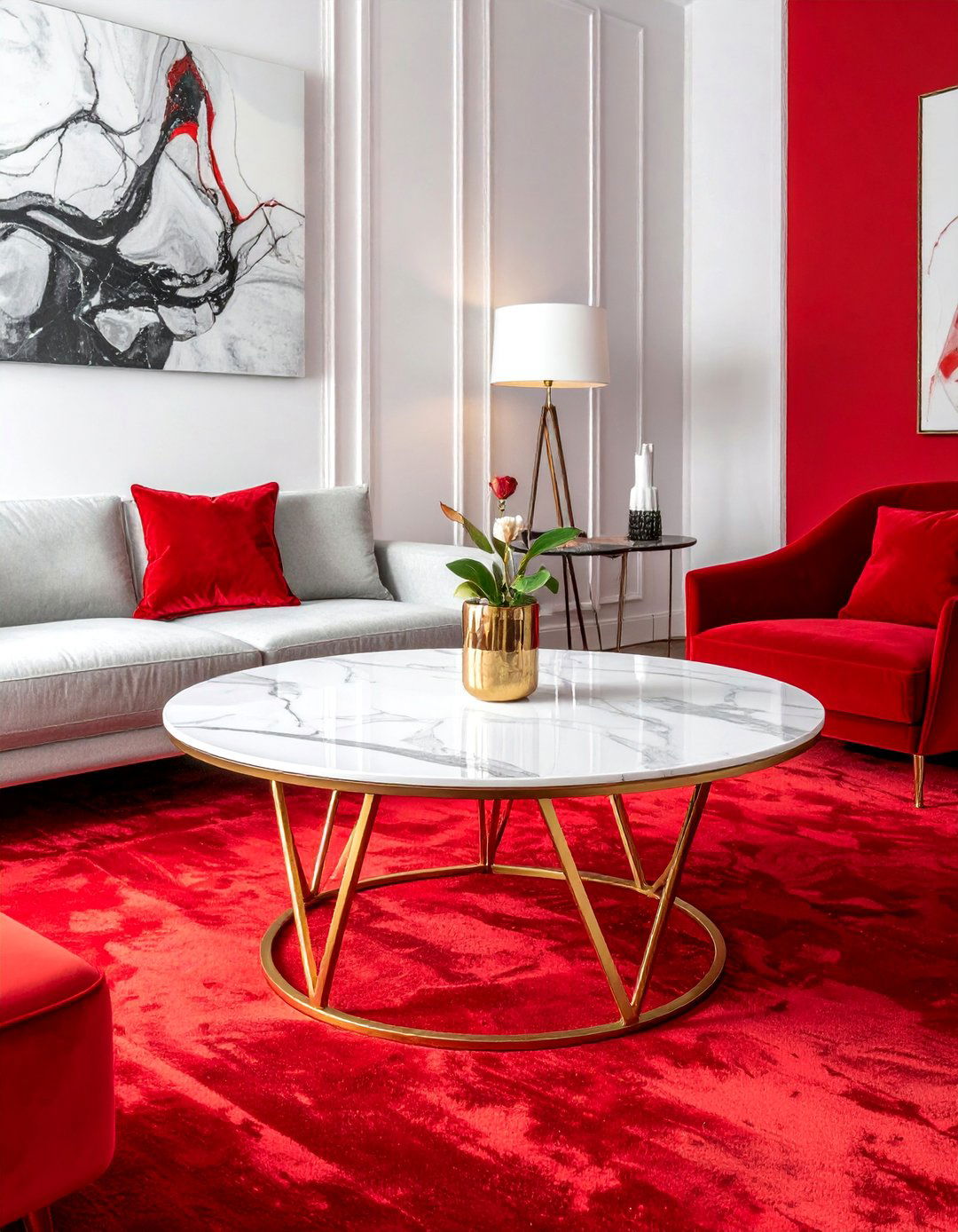 Red Carpet Living Room with a Sculptural Coffee Table - 20 Red Carpet Living Room Ideas for a Luxurious Look