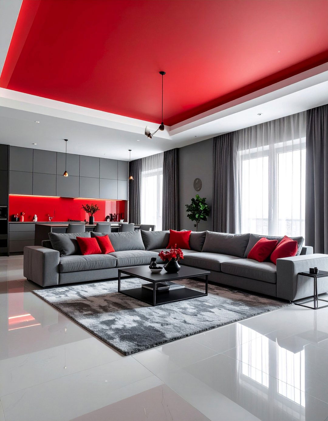 Red Ceiling in an All Grey Living Room - 25 Red and Grey Living Room Ideas for a Modern Look
