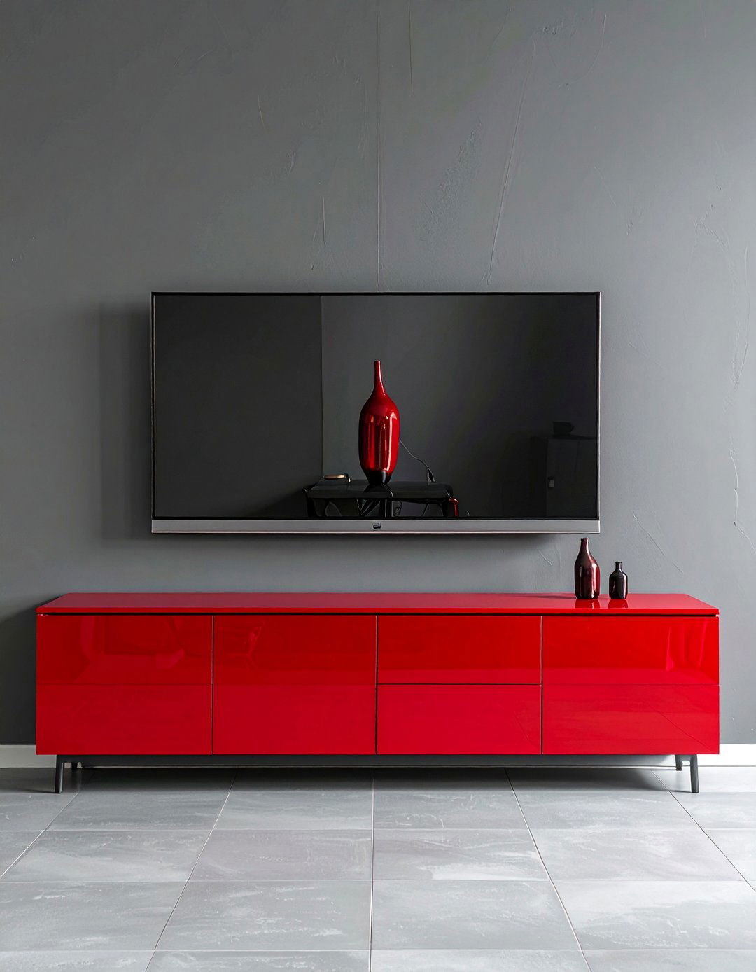 Red Entertainment Center in a Grey Room - 25 Red and Grey Living Room Ideas for a Modern Look