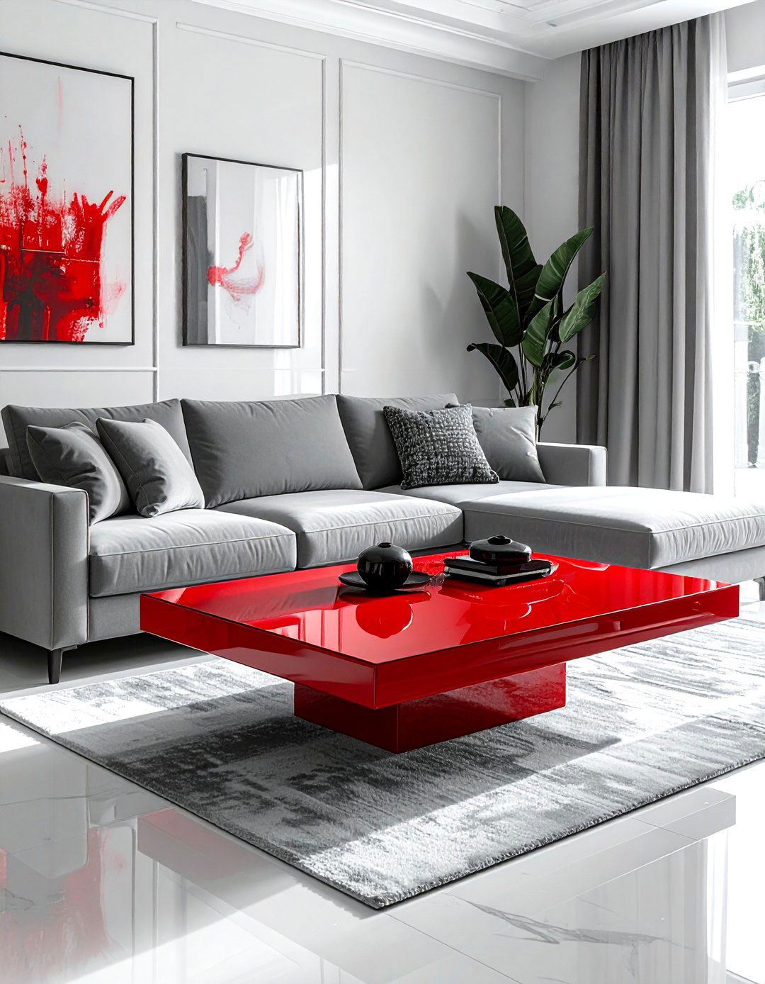Red Lacquered Coffee Table as a Centerpiece - 25 Red and Grey Living Room Ideas for a Modern Look