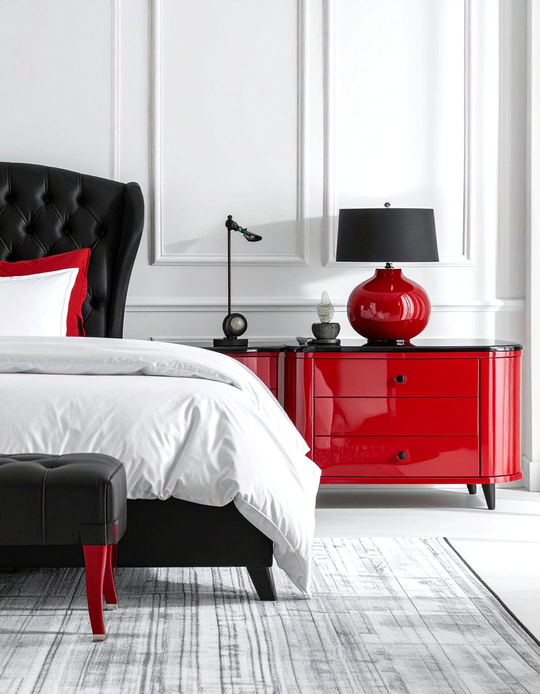Red Lacquered Nightstands - 25 Red, Black, and White Bedroom Ideas for Bold Style