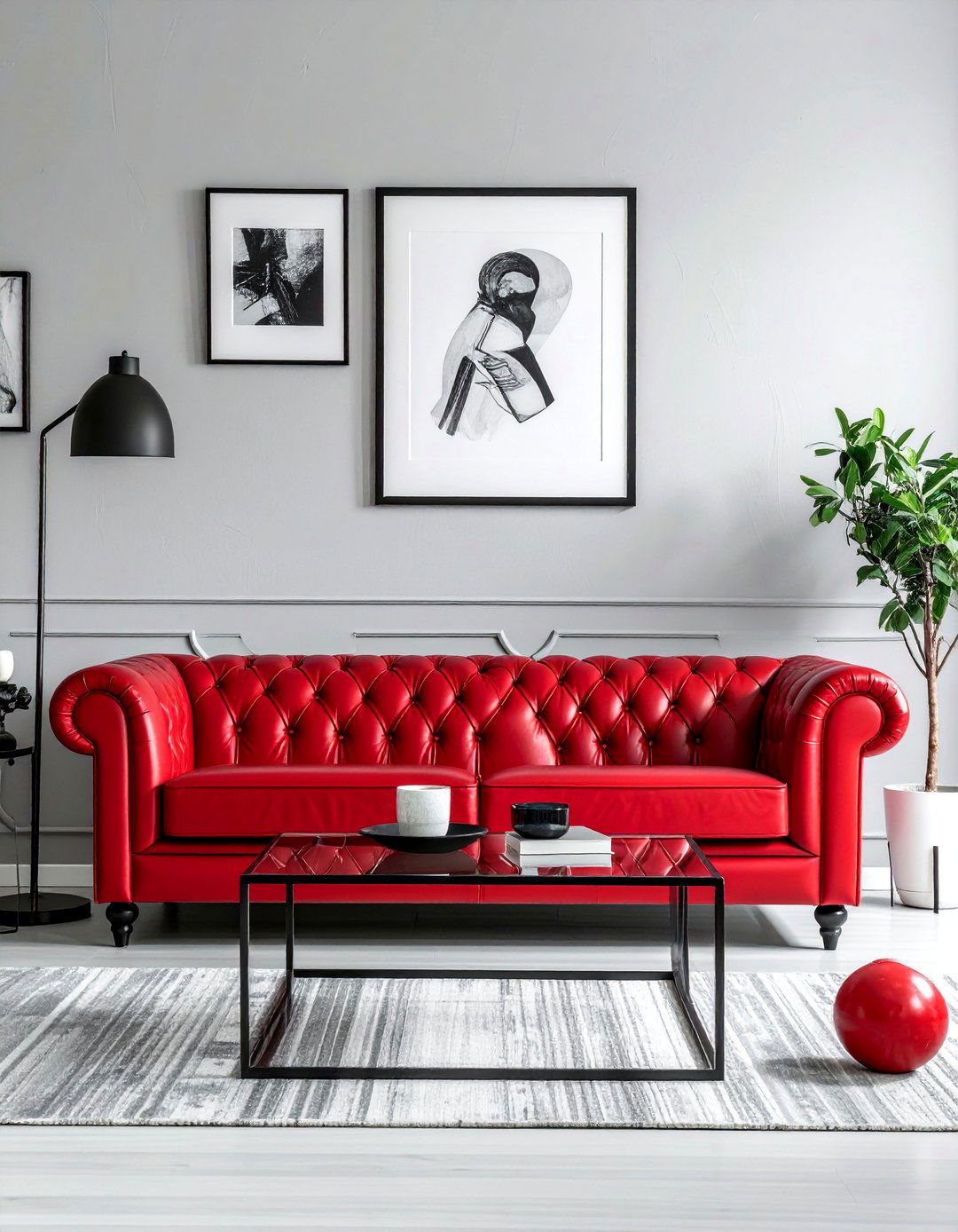 Red Leather Sofa in a Light Grey Room - 25 Red and Grey Living Room Ideas for a Modern Look