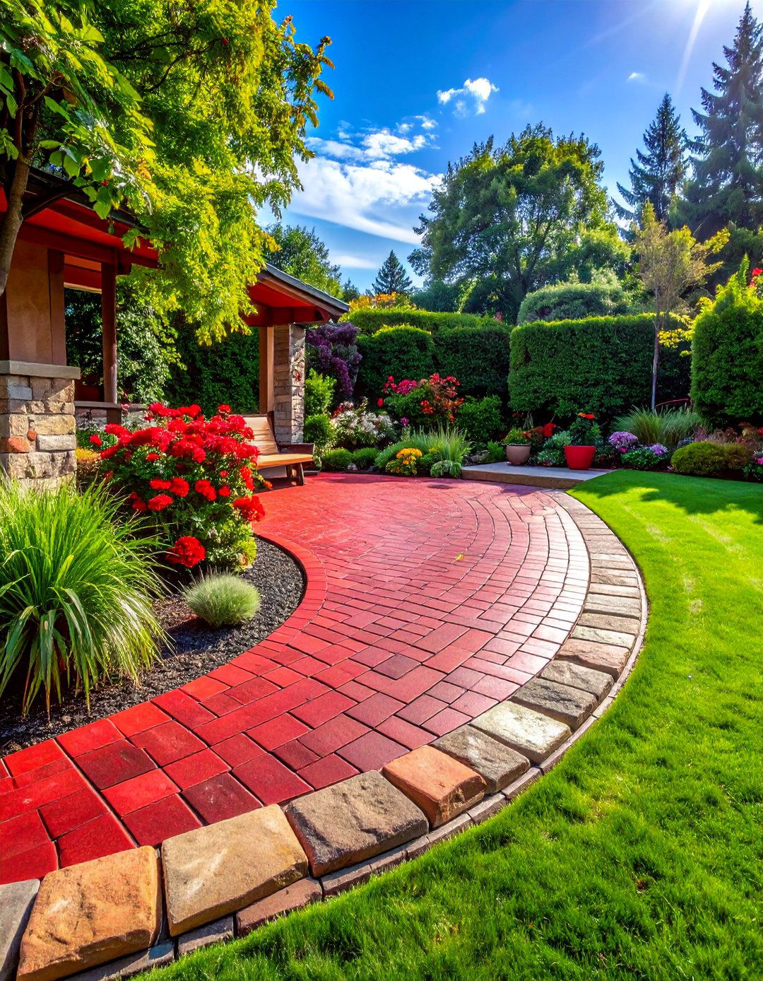 Red Paver Patio Edged with Natural Stone - 20 Red Paver Patio Ideas for a Bold Outdoor Space