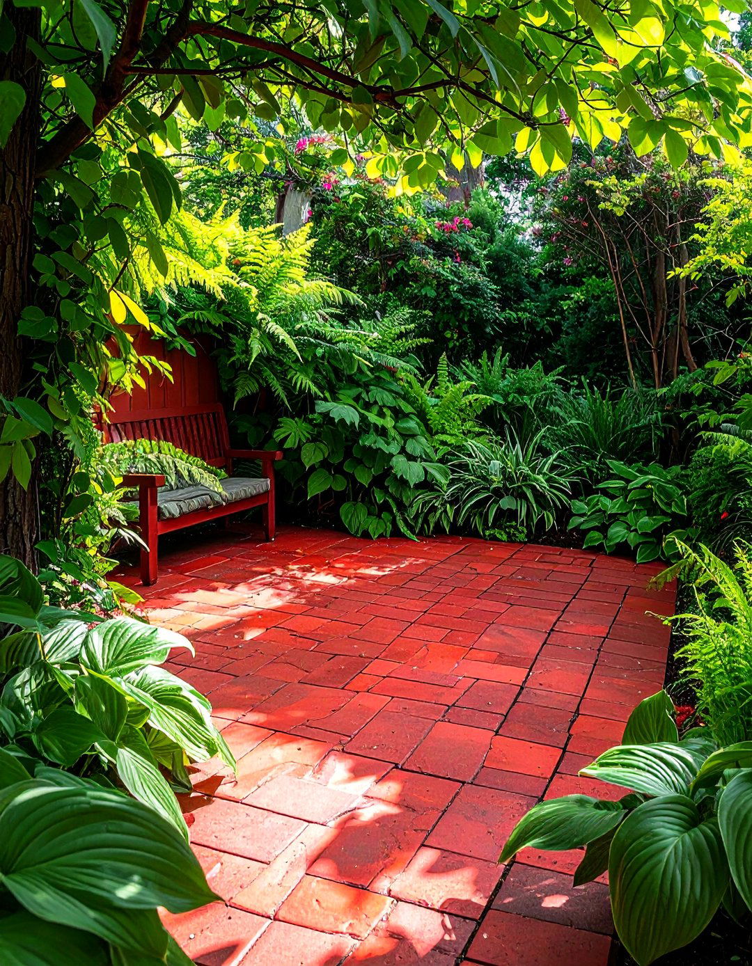 Red Paver Patio Surrounded by Lush Greenery - 20 Red Paver Patio Ideas for a Bold Outdoor Space