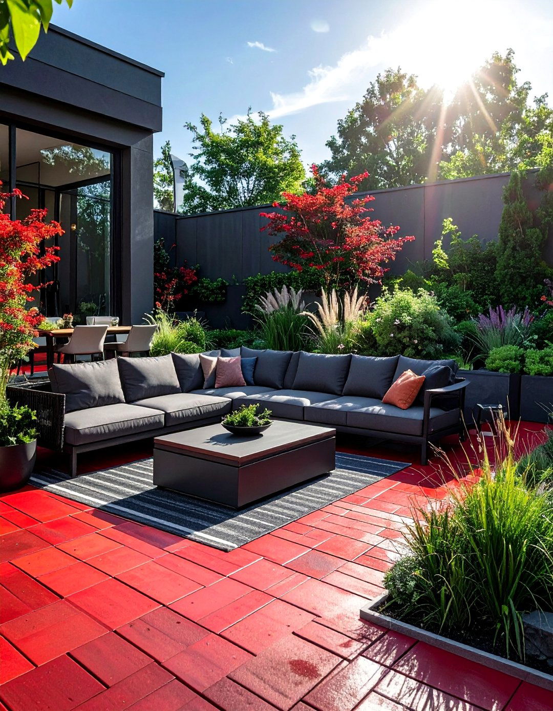 Red Paver Patio with Contrasting Gray Furniture - 20 Red Paver Patio Ideas for a Bold Outdoor Space