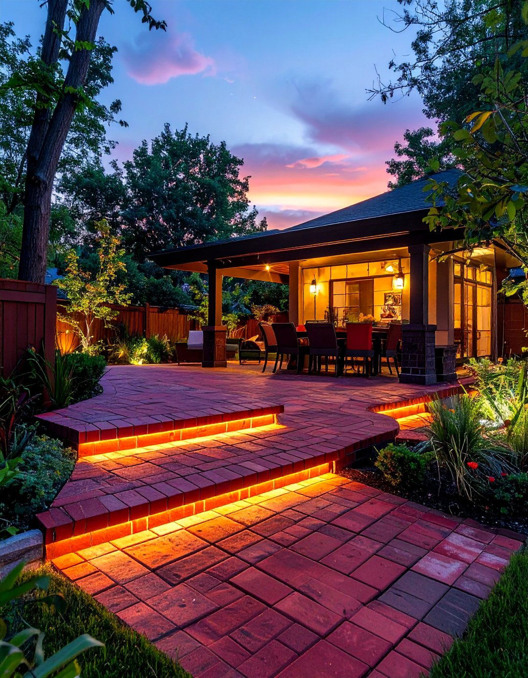Red Paver Patio with Integrated Lighting - 20 Red Paver Patio Ideas for a Bold Outdoor Space