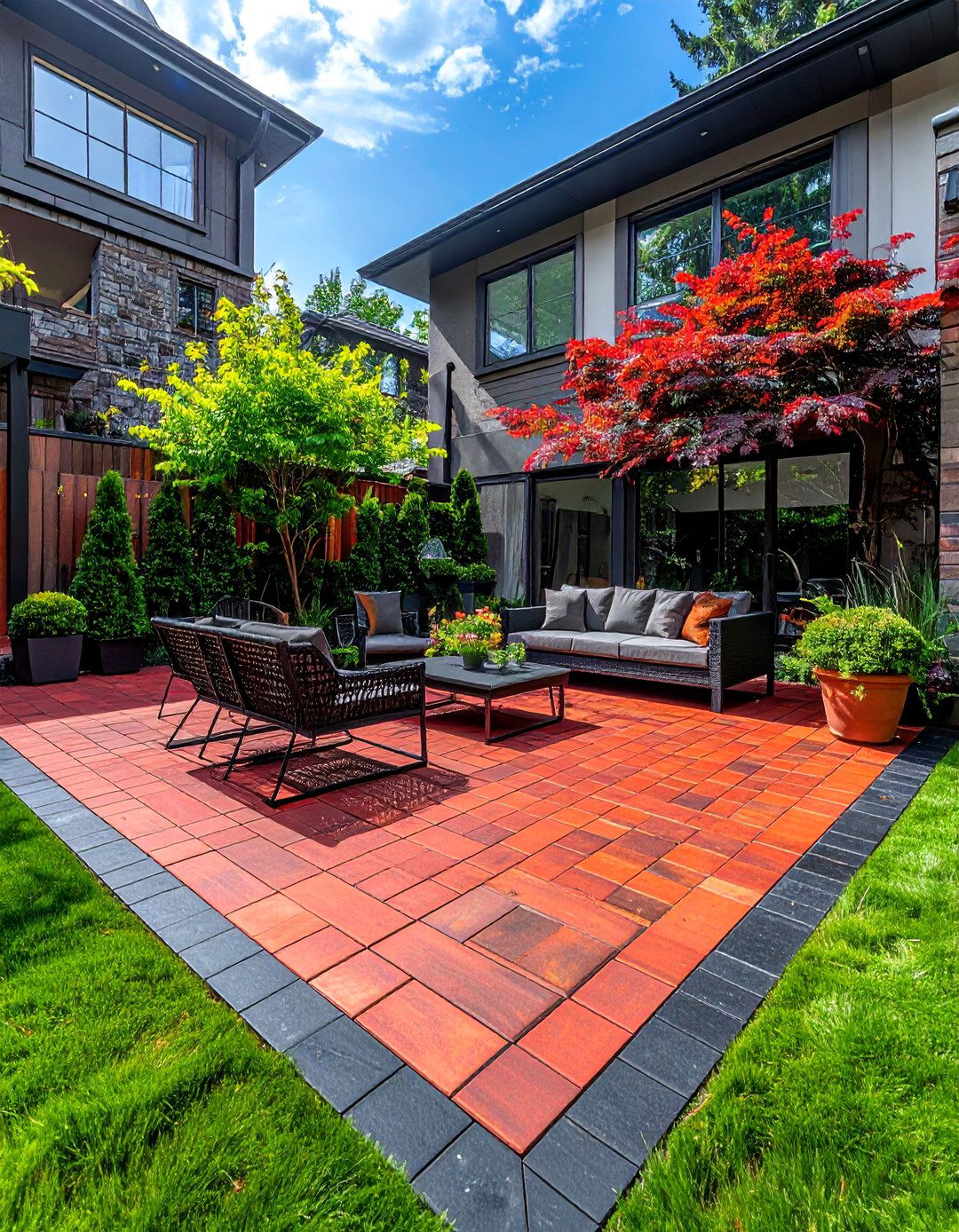 Red Paver Patio with a Charcoal Border - 20 Red Paver Patio Ideas for a Bold Outdoor Space