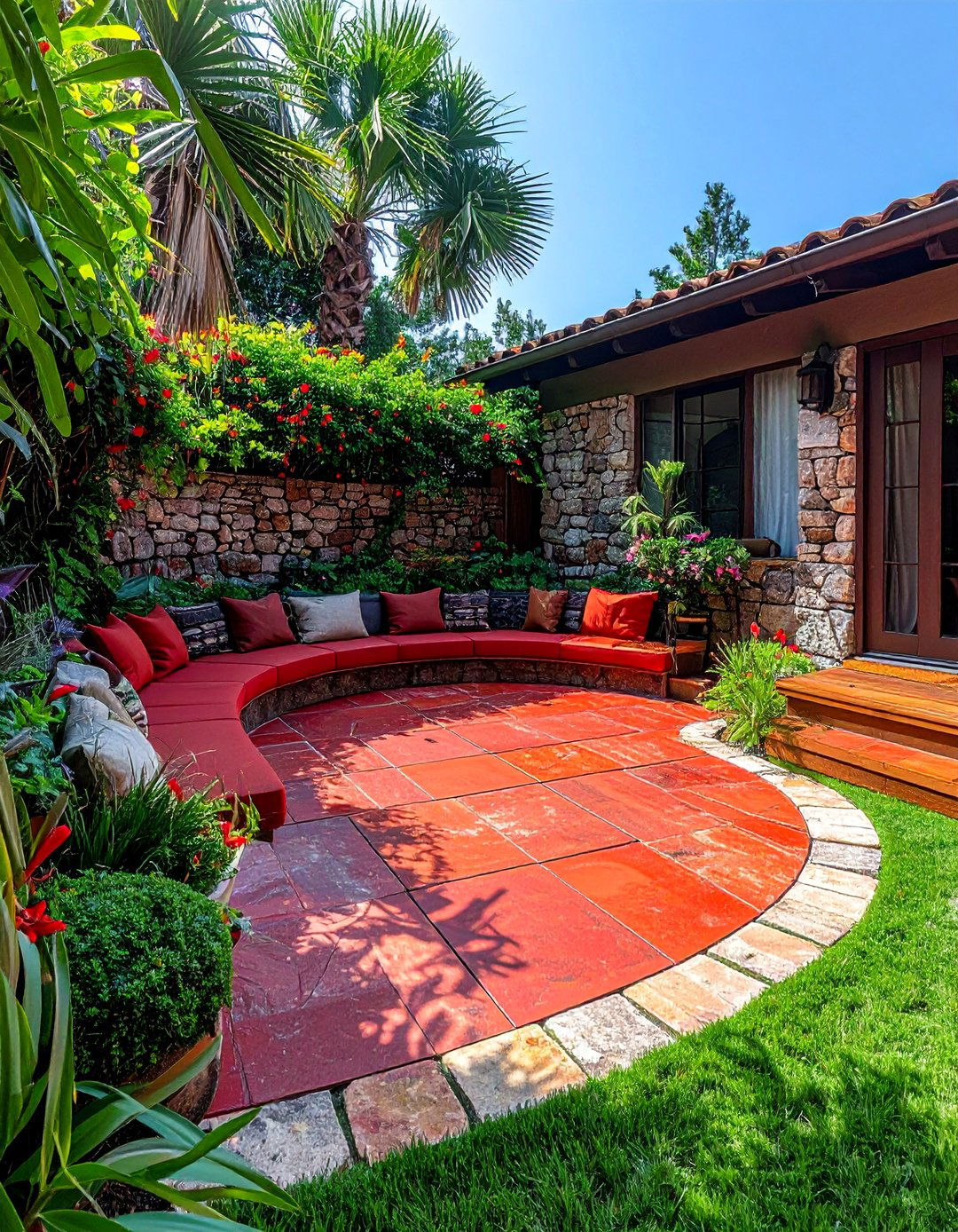 Red Paver Patio with a Seating Wall - 20 Red Paver Patio Ideas for a Bold Outdoor Space