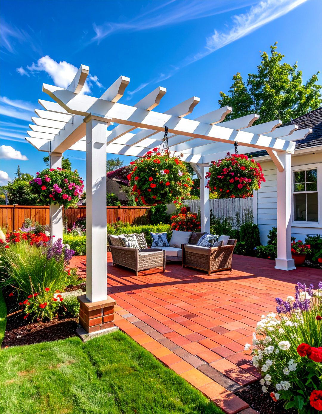 Red Paver Patio with a White Pergola - 20 Red Paver Patio Ideas for a Bold Outdoor Space
