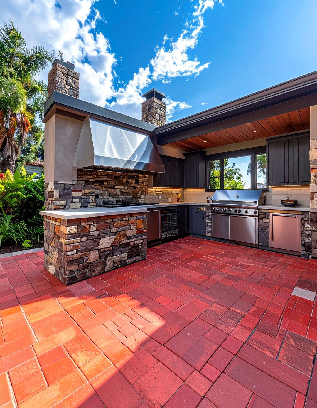 Red Paver Patio with an Outdoor Kitchen - 20 Red Paver Patio Ideas for a Bold Outdoor Space